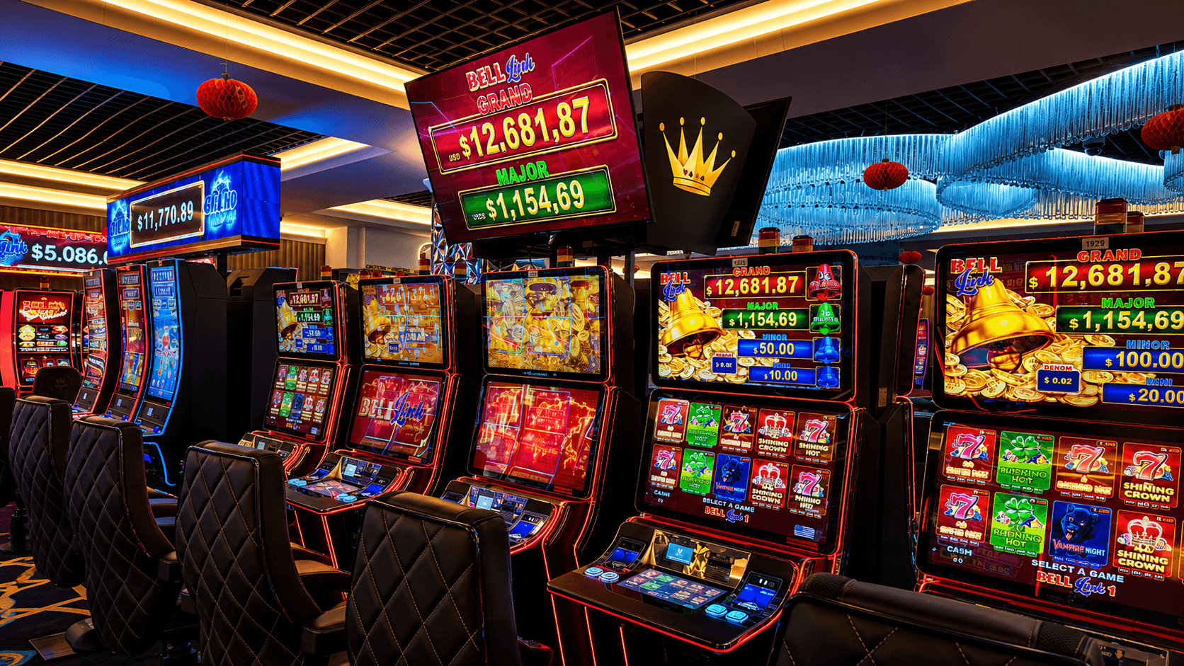 Casino gaming floor with slot machines and warm lighting